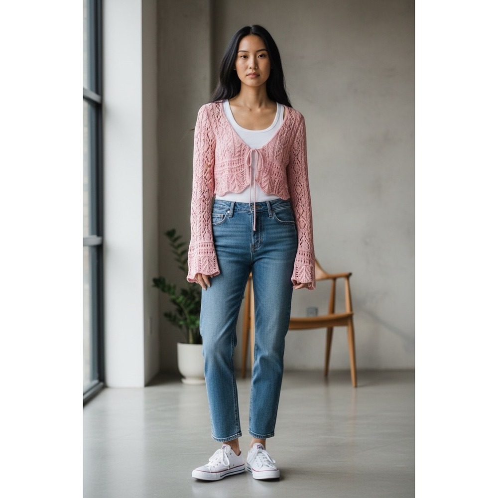 Altar'd State Pink Pointelle Knit Crochet Cropped Tie Front Cardigan NWT‎ Sz M